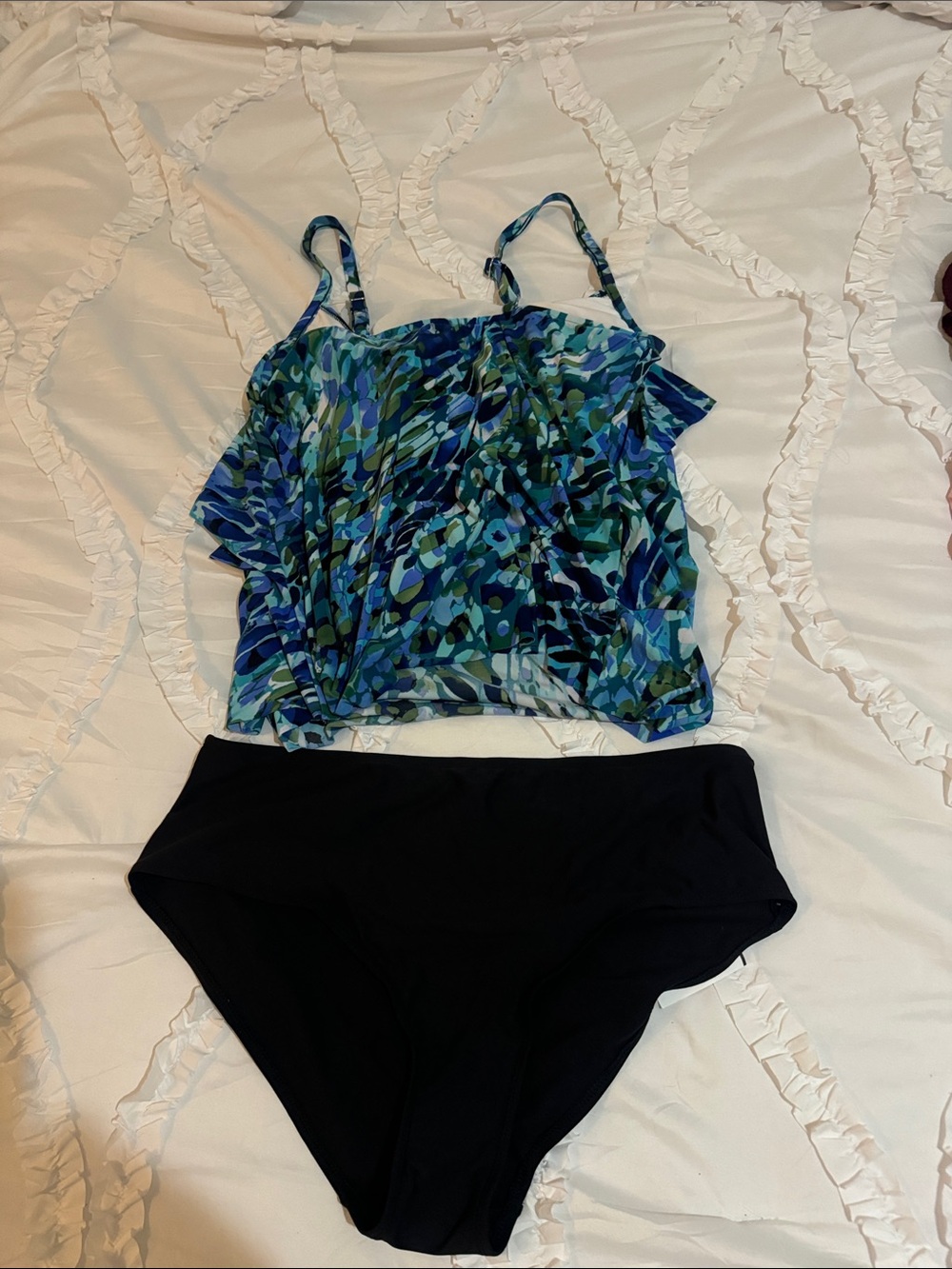 Aqua Green-Blue & Green Patterned Tankini Top with Black Bikini Bottom